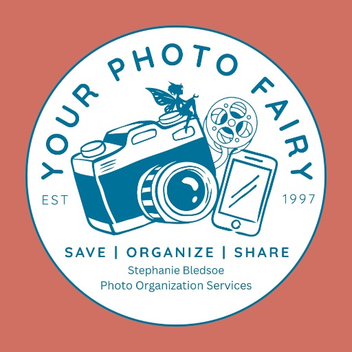Circular logo featuring a camera, cell phone, and film reel with a fairy perched on top of the camera. Photo organization business name is Your Photo Fairy